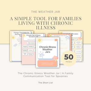 May include: A collection of colorful cards titled "The Weather Jar" and "Chronic Illness Weather Jars" with illustrations of suns, clouds, and umbrellas. The cards are designed as a communication tool for families living with chronic illness, with 50 pages.
