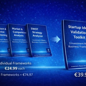 Può includere: Immagine di framework aziendali: "Product & Service Positioning", "Market & Competitive Analysis", "SWOT Strategy Analyzer" e "Startup Idea Validation Toolkit". Ogni framework è un libro con testo su sfondo blu. Il toolkit include 3 framework aziendali pronti per l'investimento.