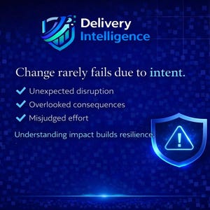 May include: A digital graphic with the text "Delivery Intelligence" and the statement "Change rarely fails due to intent." The image includes a shield icon and bulleted points about disruption, consequences, and effort.