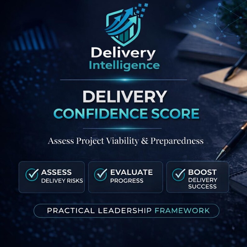 Puede incluir: Gr&aacute;fico con el texto "Delivery Intelligence" y "Delivery Confidence Score". Incluye las frases "Assess Delivery Risks", "Evaluate Progress" y "Boost Delivery Success". La imagen tiene un fondo azul oscuro.