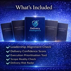 Puede incluir: Imagen de cinco libros azul oscuro con texto blanco, incluyendo "Delivery Intelligence" en el libro central. El texto "What's Included" está en la parte superior. Debajo, marcas de verificación y texto: Leadership Alignment Check, Delivery Confidence Score, etc.