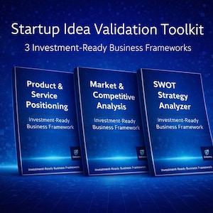 May include: Three business framework books, part of the "Startup Idea Validation Toolkit". Titles include "Product & Service Positioning", "Market & Competitive Analysis", and "SWOT Strategy Analyzer". The books are dark blue with white text, designed for investment readiness.