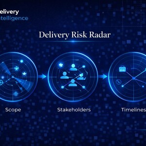 Puede incluir: Gráfico digital con el texto "Delivery Risk Radar" y el logotipo "Delivery Intelligence". El gráfico muestra tres círculos tipo radar etiquetados "Scope", "Stakeholders" y "Timelines", conectados por flechas, todo sobre un fondo azul.
