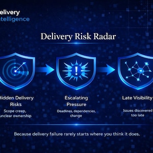 May include: A digital graphic titled "Delivery Risk Radar" with a dark blue background. The graphic shows three shield icons connected by arrows, each representing a stage of delivery risk: Hidden Risks, Escalating Pressure, and Late Visibility.