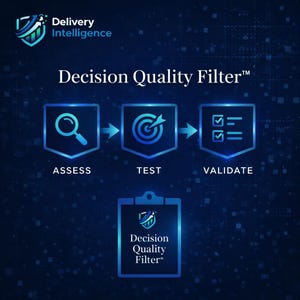 Könnte beinhalten: Blaues Diagramm, das den "Decision Quality Filter" Prozess darstellt. Es zeigt das "Delivery Intelligence" Logo und drei Phasen: Bewerten, Testen und Validieren. Ein Klemmbrett mit dem Logo und Text ist ebenfalls abgebildet.
