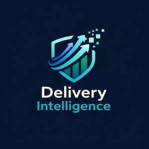 Puede incluir: Un logotipo con un escudo, flechas ascendentes y un gr&aacute;fico de barras en tonos azules y verdes. Las palabras "Delivery Intelligence" est&aacute;n en blanco debajo sobre un fondo azul oscuro.