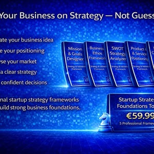 Op de afbeelding: Een blauwe afbeelding die een opstartstrategie-toolkit promoot. De afbeelding bevat een lijst met stappen om een bedrijf op te bouwen en een set van vijf professionele frameworks. De toolkit kost €59,99.