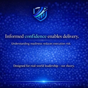 Puede incluir: Gr&aacute;fico azul con el texto "Informed confidence enables delivery." y "Understanding readiness reduces execution risk." Un logotipo est&aacute; en la parte superior. El texto "Designed for real-world leadership - not theory" est&aacute; en la parte inferior.