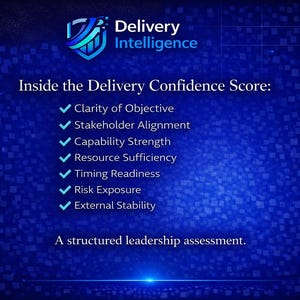 May include: A blue graphic with the text "Delivery Intelligence" and a list of factors for a "Delivery Confidence Score," including Clarity of Objective and Risk Exposure. The image is a structured leadership assessment.