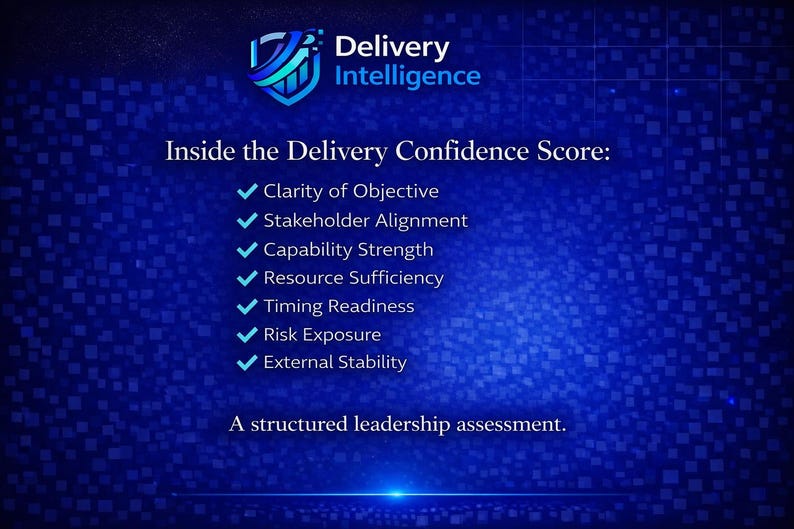 Puede incluir: Un gr&aacute;fico azul con el texto "Delivery Intelligence" y una lista de factores para un "Delivery Confidence Score". Los factores incluyen Claridad del objetivo, Alineaci&oacute;n de las partes interesadas y Fortaleza de la capacidad. La imagen es una evaluaci&oacute;n estructurada del liderazgo.