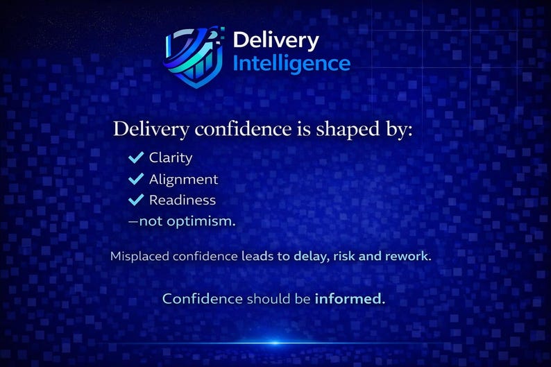 Puede incluir: Gr&aacute;fico azul con el texto "Delivery Intelligence" y la declaraci&oacute;n "La confianza en la entrega se forma por: Claridad, Alineaci&oacute;n, Preparaci&oacute;n - no optimismo". El gr&aacute;fico tambi&eacute;n dice "La confianza mal colocada conduce a retrasos, riesgos y reelaboraci&oacute;n."