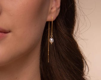 Dainty pearl threader earrings, Sterling silver chain earrings 18k gold plated, Gift for Her