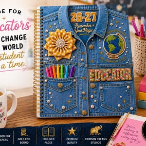 May include: A spiral-bound notebook with a blue denim jacket print cover featuring a yellow fabric flower, a globe patch, and the text 26-27, Remember Your Magic, and EDUCATOR. The cover is decorated with pearls and a pocket holding colorful pens.