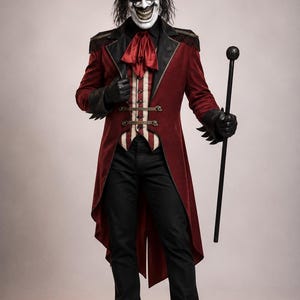 Op de afbeelding: Een circusdirecteur kostuum bestaande uit een rode pandjesjas met zwarte revers en franje epauletten, een rood-wit gestreept vest, een rode cravat, zwarte broek, zwarte handschoenen, een zwarte hoge hoed en een zwarte wandelstok.
