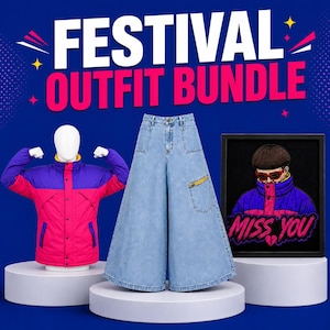 Conjunto de vestuario para concierto / Chaqueta acolchada retro con bloques de color, pantalones vaqueros de pierna ancha y bordado enmarcado.
