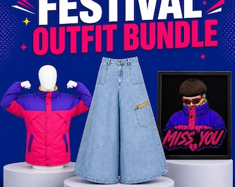 Conjunto de vestuario para concierto / Chaqueta acolchada retro con bloques de color, pantalones vaqueros de pierna ancha y bordado enmarcado.