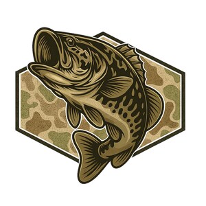 Peut inclure: Illustration d'un achigan à grande bouche sautant vers le haut, sur un motif camouflage dans un cadre hexagonal. Le poisson est rendu dans des tons bruns et beiges, avec une bouche ouverte et des écailles détaillées, pour les amateurs de pêche.