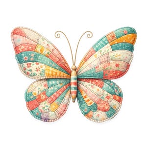 Pode incluir: Ilustração de uma borboleta colorida com asas de patchwork. As asas apresentam uma variedade de padrões e cores, incluindo estampas florais, listras e cores sólidas em tons de vermelho, azul, amarelo e laranja. A borboleta tem um corpo listrado e antenas delicadas.