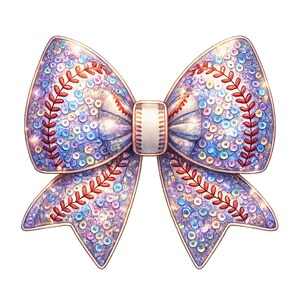 Puede incluir: Un lazo decorativo con temática de béisbol. El lazo es de color morado claro con costuras rojas y un centro blanco. El lazo está cubierto de pequeñas lentejuelas iridiscentes.