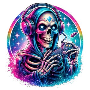 Puede incluir: Ilustración digital de un esqueleto con auriculares y una túnica con capucha, sosteniendo un mando de videojuegos. El esqueleto está sobre un fondo de galaxia colorida con un borde de arcoíris. Los ojos del esqueleto brillan como estrellas.