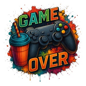 Game Over Colorful Controller PNG, Sublimation T-shirt Design, Gamer Clipart, Gaming Shirt Art, Digital Download, Fun Print