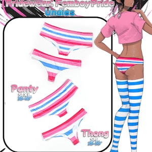 May include: Underwear featuring horizontal pink, white, and blue stripes. The image displays a panty style in sizes S-XL for 28-40 inches and a thong style in sizes S-L for 28-36 inches. An illustrated character wears the striped underwear and blue-white socks.