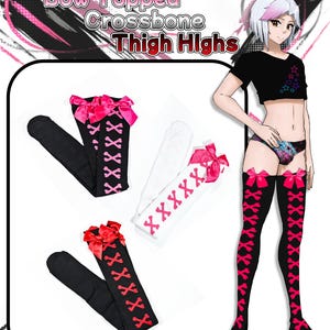 May include: Black and white thigh-high stockings featuring a pink bow at the top and a vertical row of pink crossbones down the front. The text Bow Topped Crossbone Thigh Highs is displayed above the stockings, which are shown worn by a character.