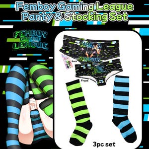 Puede incluir: Un conjunto de 3 piezas con calcetines altos a rayas negras y verdes, calcetines altos a rayas azules y negras y un par de ropa interior con estampado negro y verde. La ropa interior tiene un estampado gráfico y el texto "Femboy Gaming League".