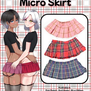 Peut inclure: Un ensemble de trois micro-jupes plissées aux motifs à carreaux rose, rouge et vert. L'image présente des illustrations de style anime de deux personnages portant des jupes similaires, avec le texte Micro Skirt et Available in Pink/Peach - Red/Green - Blue/Green.