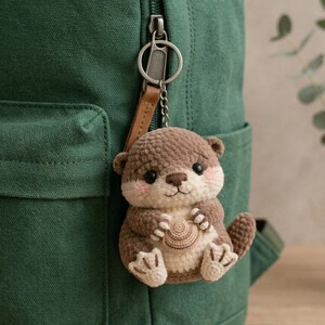 May include: A crocheted otter keychain in shades of brown and cream, with a small shell. The otter has rosy cheeks and is attached to a leather strap and metal keyring. The keychain is hanging on a green backpack.