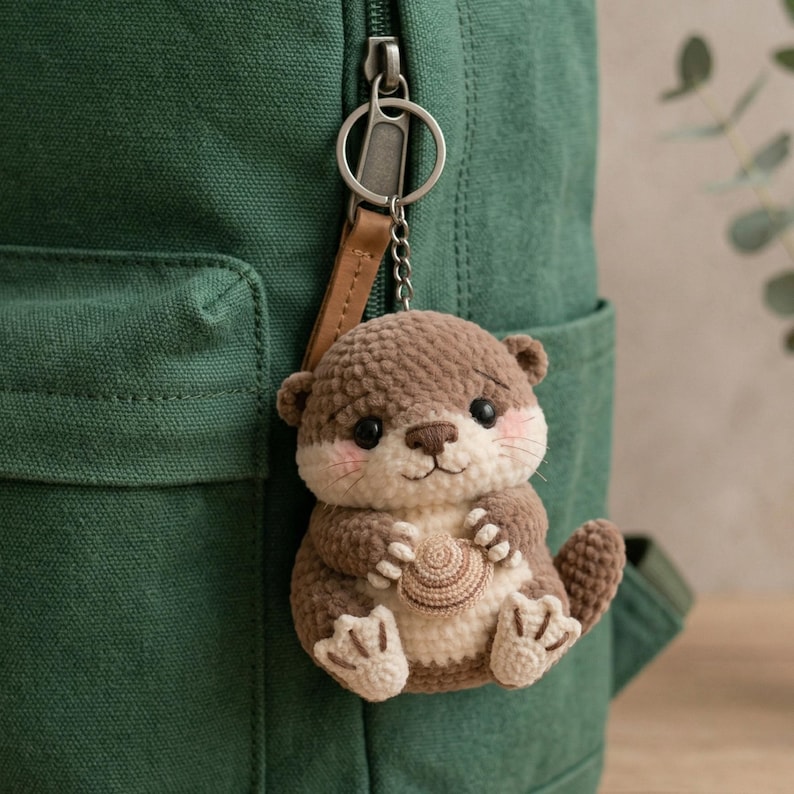 May include: A crocheted otter keychain in shades of brown and cream, with a small shell. The otter has rosy cheeks and is attached to a leather strap and metal keyring. The keychain is hanging on a green backpack.