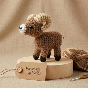 May include: A handmade crochet ram in shades of brown and tan, with black hooves and a white face. It stands on a wooden platform next to a ball of yarn and a crochet hook. A tag reads "Handmade by Me".