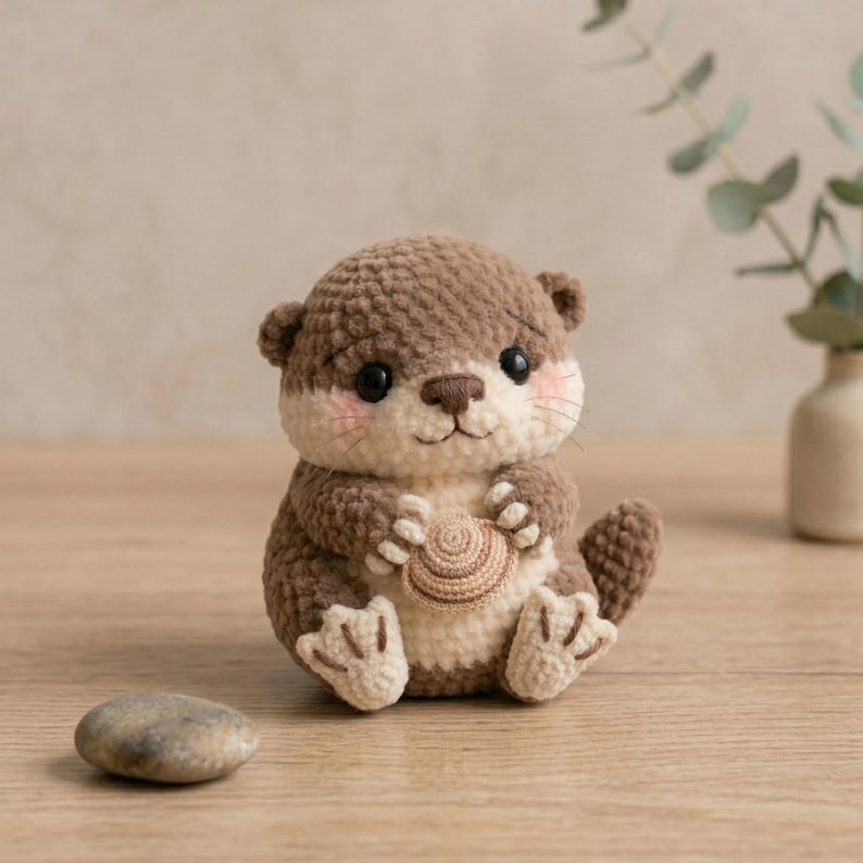 May include: A crocheted otter figurine in shades of brown and cream, holding a small, tan crocheted shell. The otter has rosy cheeks, black eyes, and a small tail. The figurine is sitting on a wooden surface.