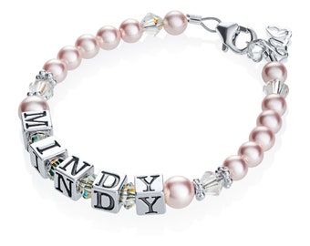 Baby Girl Gift Name Bracelet Sterling silver first birthday personalized pearls infant jewelry children (BPNP)
