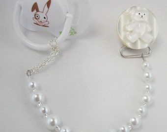 White Teddy Bear Pacifier clip with White Pearls also known as Dummy Clip,Binky Clip  (ctw)