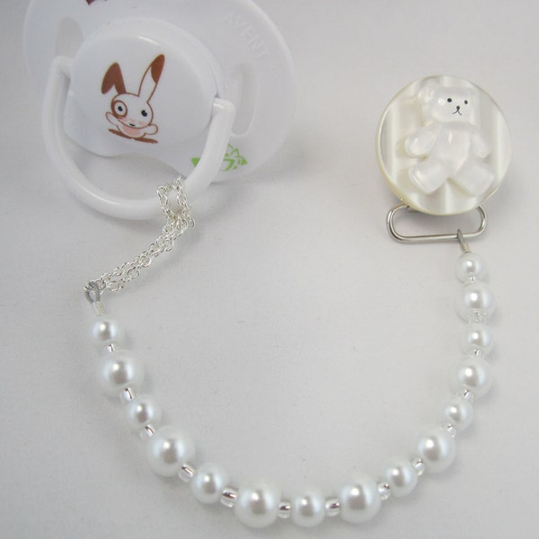 White Teddy Bear Pacifier clip with White Pearls also known as Dummy Clip,Binky Clip  (ctw)