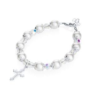 White European Pearls with sterling bead caps, Clear round Crystal and Sterling Silver Cross Charm Beaded Bracelet (bbccr)