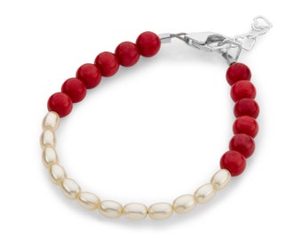 Adorable Baby Bracelet With Red Coral Beads, White Swarovski Rice Pearls (B2126-R)