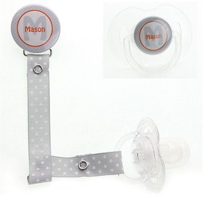 Personalized Name Gray Polka Dot Unisex Pacifier Clip Only (PER 34)