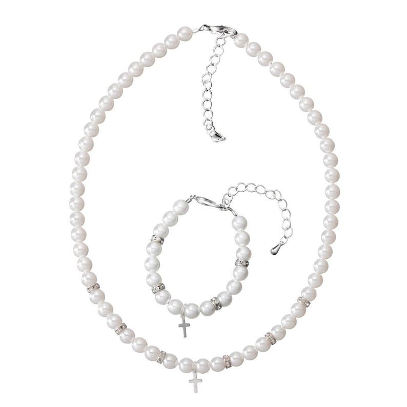 GSN30 White Czech Glass Pearls with Silver Filled Cross Keepsake Bracelet and Necklace Gift Set