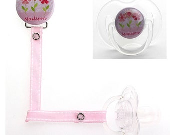 Personalized Name Flowers,  Girl Pacifier Clip Only (PER 40)