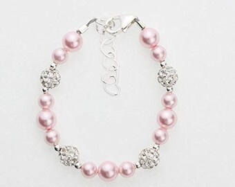 Elegant Pave Beads with Pink European Simulated Pearls Stylish Sparkly Sterling Silver Infant Bracelet (BSHWP)