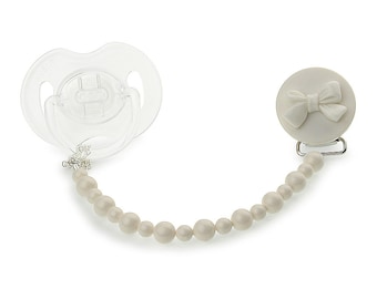 Baby European Pearls White and Pacifier Clip with  Bow (CRW)