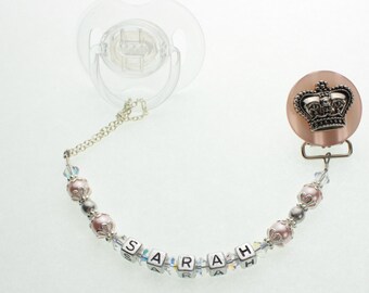 Personalized Name White Crown Pacifier clip (Also available in Pink and Blue) (CNAME)