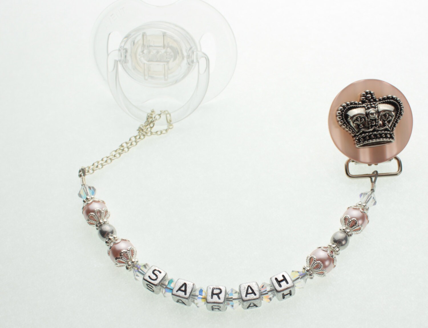 Personalized Name White Crown Pacifier clip (Also available in Pink and Blue) (CNAME)