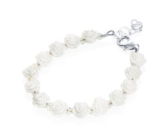 Elegant Flower Girl Sterling Silver Baby Bracelet with European White Flowers Crystals (BFLWW)