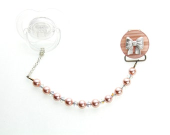 Baby European Pink Pearls and Crystals Pacifier Clip with Bow  (C16-p)(MSRP 26.00)