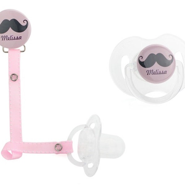 Personalized Name Girl  Mustache Pacifier Clip Only (PER 17) (MSRP 19.00)