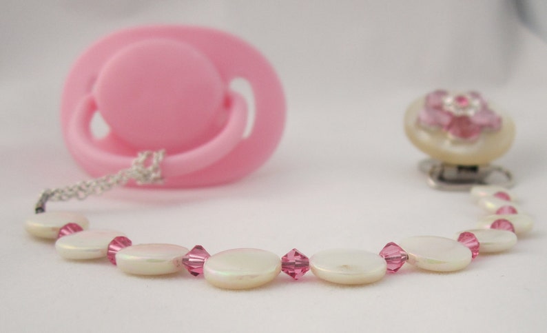 Pink Flower Pacifier clip with Stunning Mother of Pearls CMPP image 2