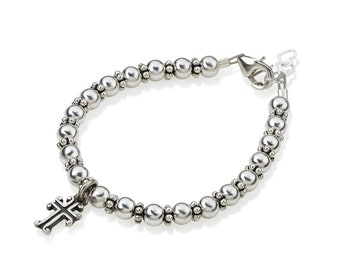 Christening Sterling Silver Beads and Spacers with Sterling Silver Cross Charm Luxury Stylish Unisex Baby Bracelet (BASC)